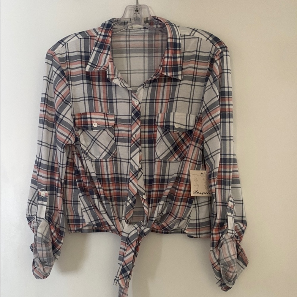 Plaid Button-Up Shirt with Tie Front
